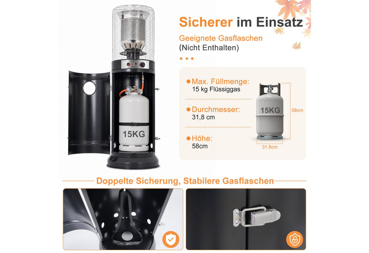 ZMH Heizstrahler Schwarz, 10/13 KW Gas, einfach zu bewegen, temperaturregulierbar, 5-10KW stufenlos, 20-60m², für 15kg Gasflaschen, mit Rollen – Bild 3 von 5
