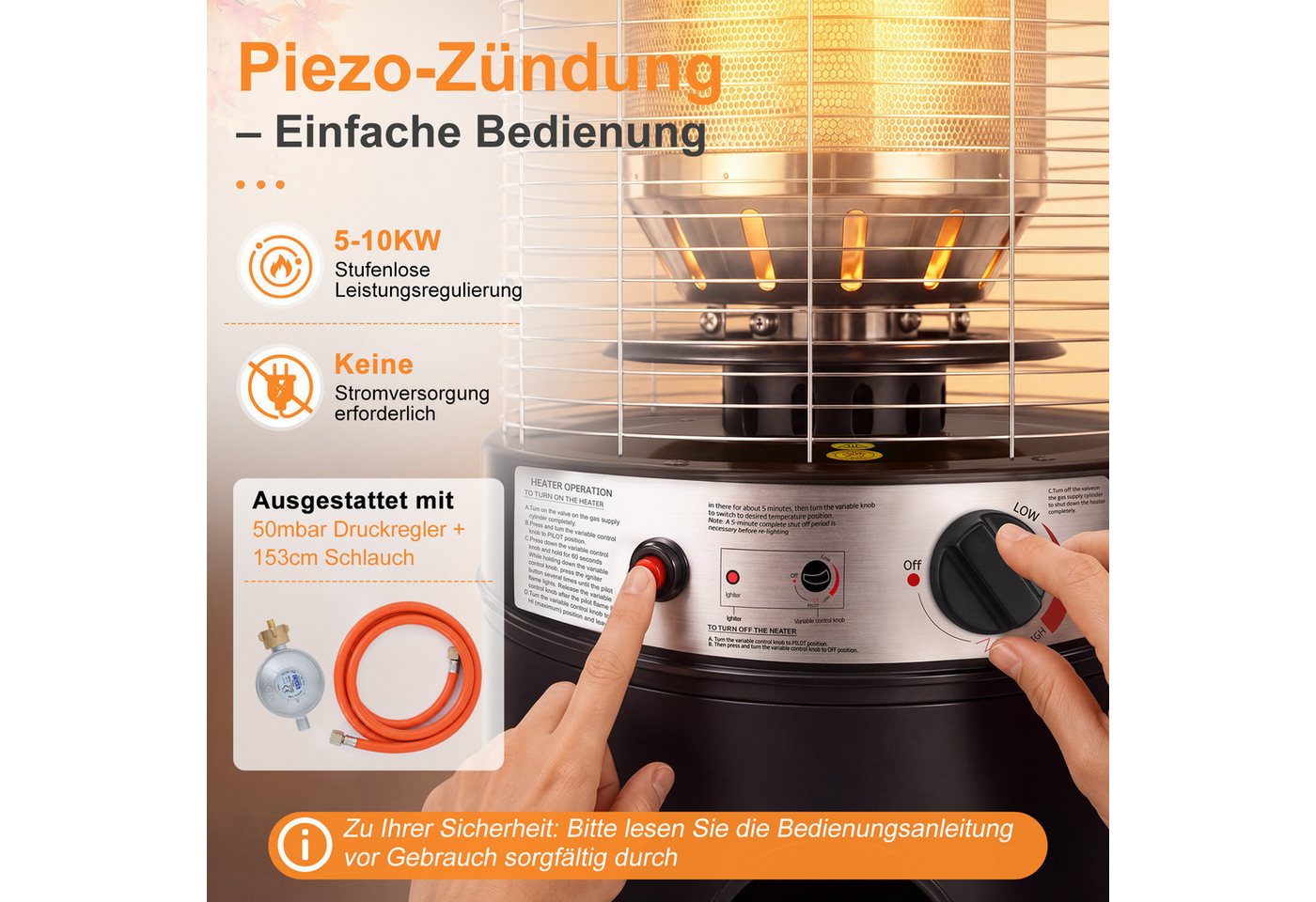 ZMH Heizstrahler Schwarz, 10/13 KW Gas, einfach zu bewegen, temperaturregulierbar, 5-10KW stufenlos, 20-60m², für 15kg Gasflaschen, mit Rollen – Bild 4 von 5