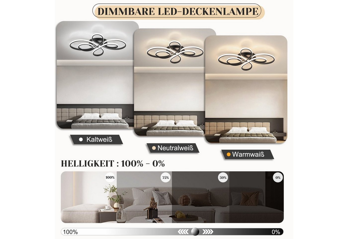 ZMH LED Deckenleuchte 100 cm, 90W Wohnzimmerlampe im Schmetterlingsdesign, LED fest integriert, Warmweiß bis Kaltweiß, dimmbar 3000–6000K, Deckenlampe mit Fernb – Bild 3 von 5