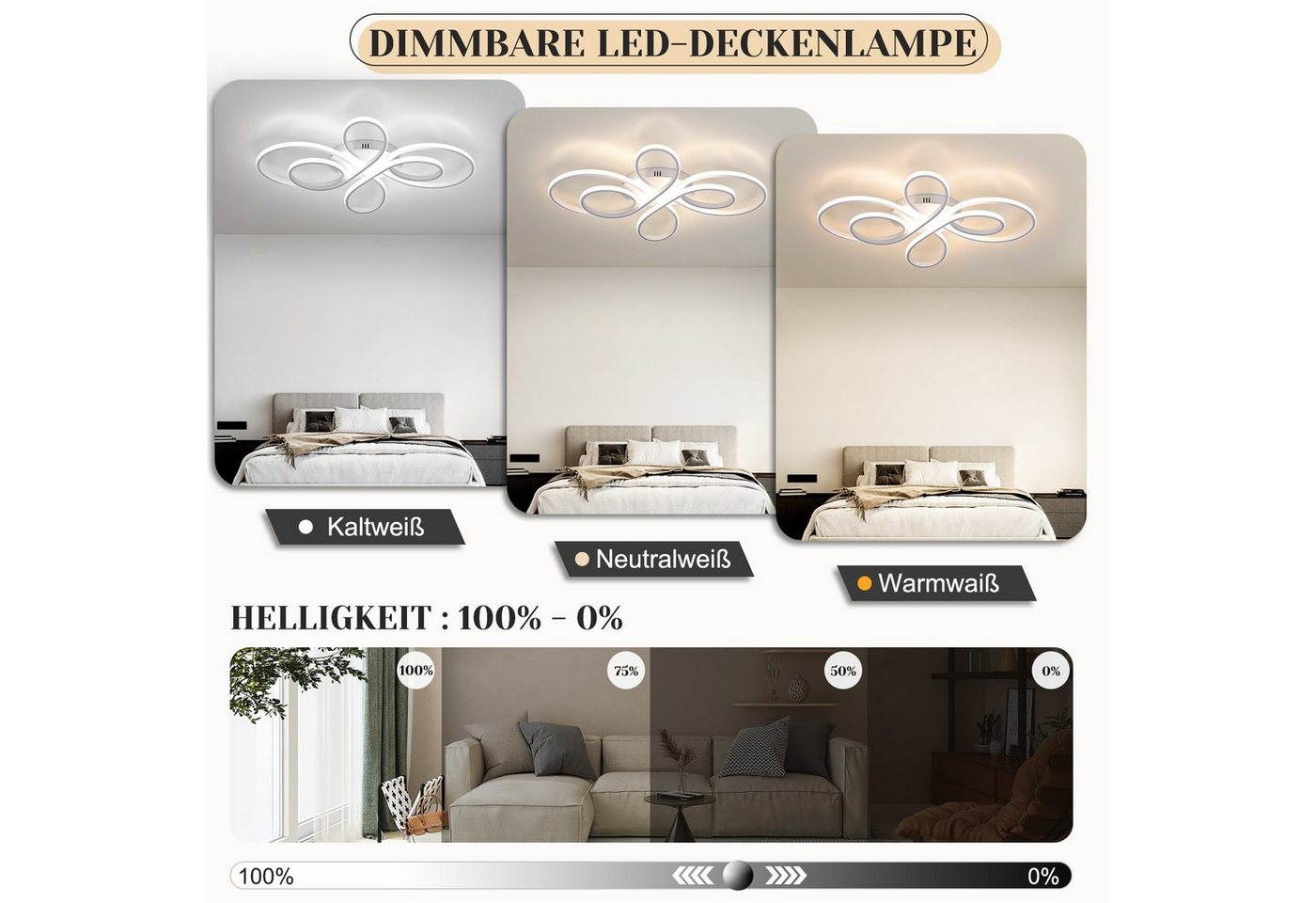 ZMH LED Deckenleuchte 100 cm, 90W Wohnzimmerlampe im Schmetterlingsdesign, LED fest integriert, Warmweiß bis Kaltweiß, dimmbar 3000–6000K, Deckenlampe mit Fernb – Bild 3 von 5