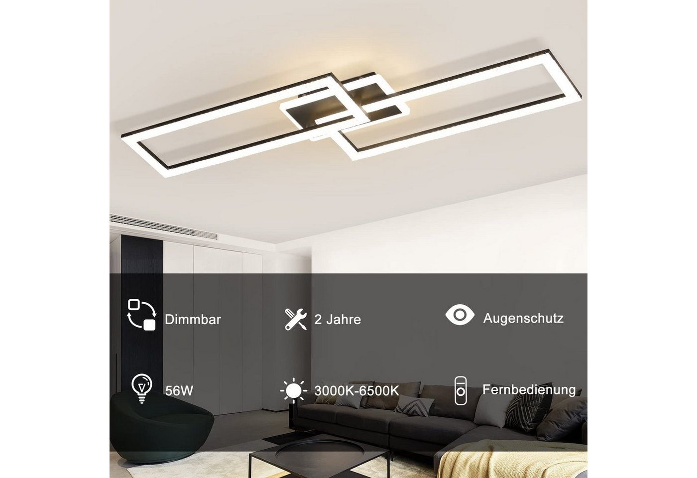 ZMH LED Deckenleuchte 2 Rechtecke 56 W, CCT dimmbar mit Fernbedienung, dimmbar, LED fest integriert, Warmweiß-Neutralweiß-Kaltweiß, Kristalloptik,3000–6500K,Nac – Bild 2 von 5