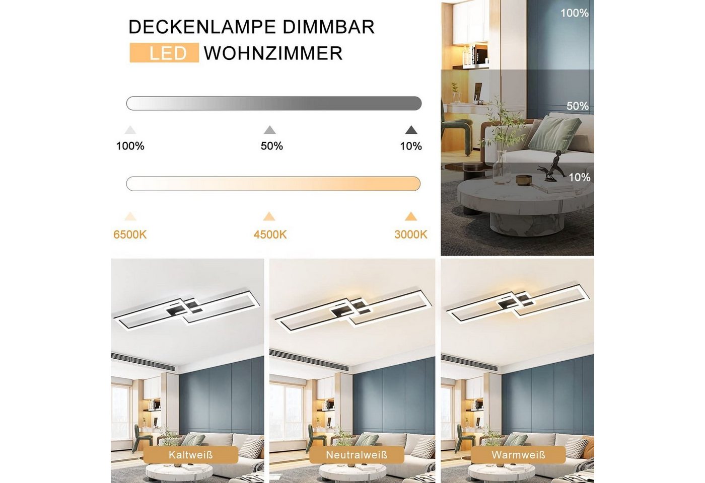 ZMH LED Deckenleuchte 2 Rechtecke 56 W, CCT dimmbar mit Fernbedienung, dimmbar, LED fest integriert, Warmweiß-Neutralweiß-Kaltweiß, Kristalloptik,3000–6500K,Nac – Bild 3 von 5