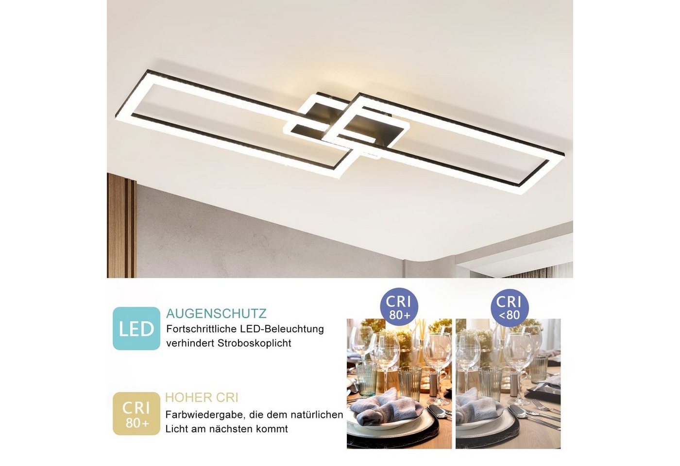 ZMH LED Deckenleuchte 2 Rechtecke 56 W, CCT dimmbar mit Fernbedienung, dimmbar, LED fest integriert, Warmweiß-Neutralweiß-Kaltweiß, Kristalloptik,3000–6500K,Nac – Bild 4 von 5