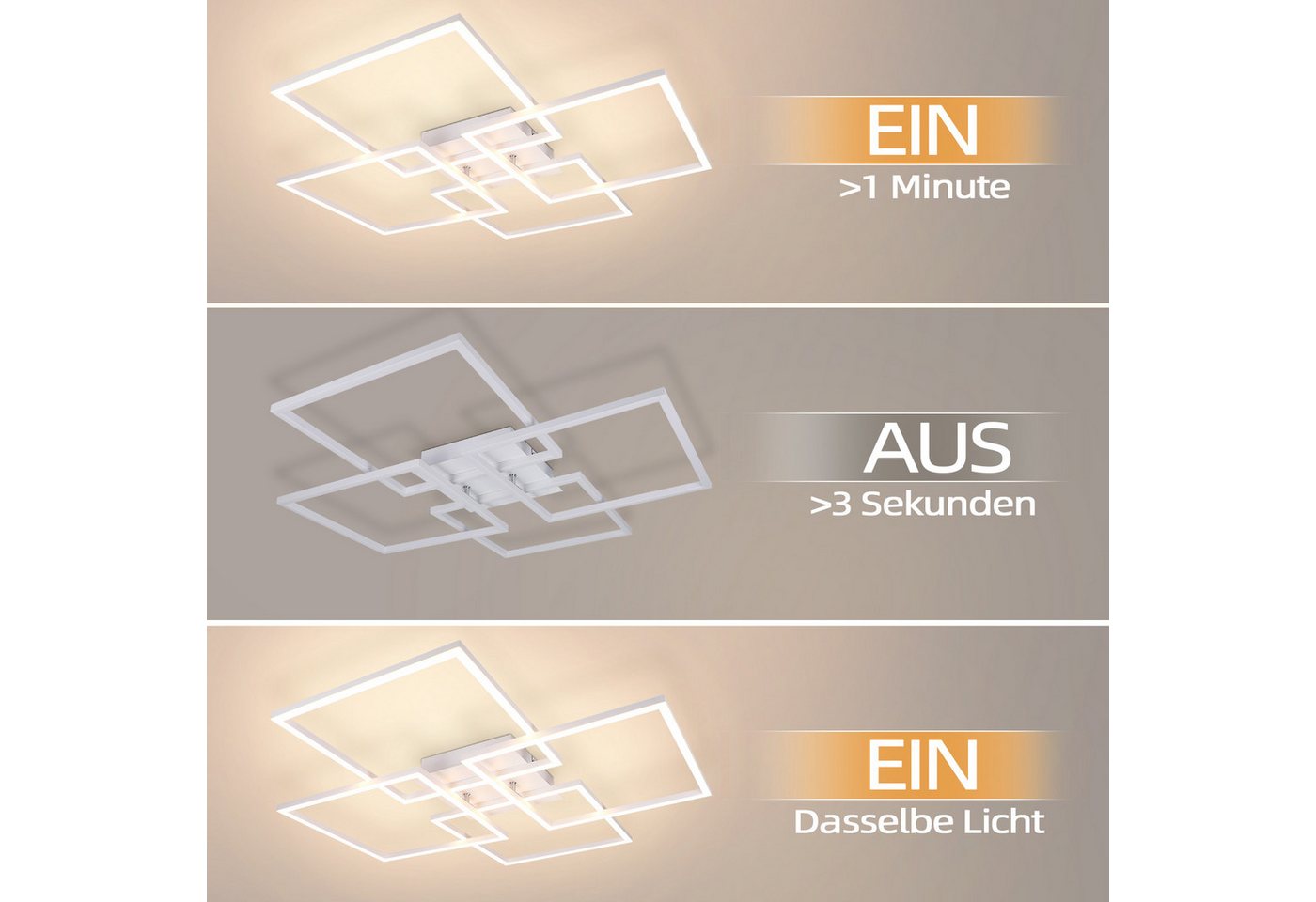 ZMH LED Deckenleuchte 32 W, 3929 lm, warmweiß 3000 K, dimmbar per Wandschalter, LED fest integriert, Warmweiß, Memory-Funktion, 4-Rahmen-Design – Bild 5 von 5