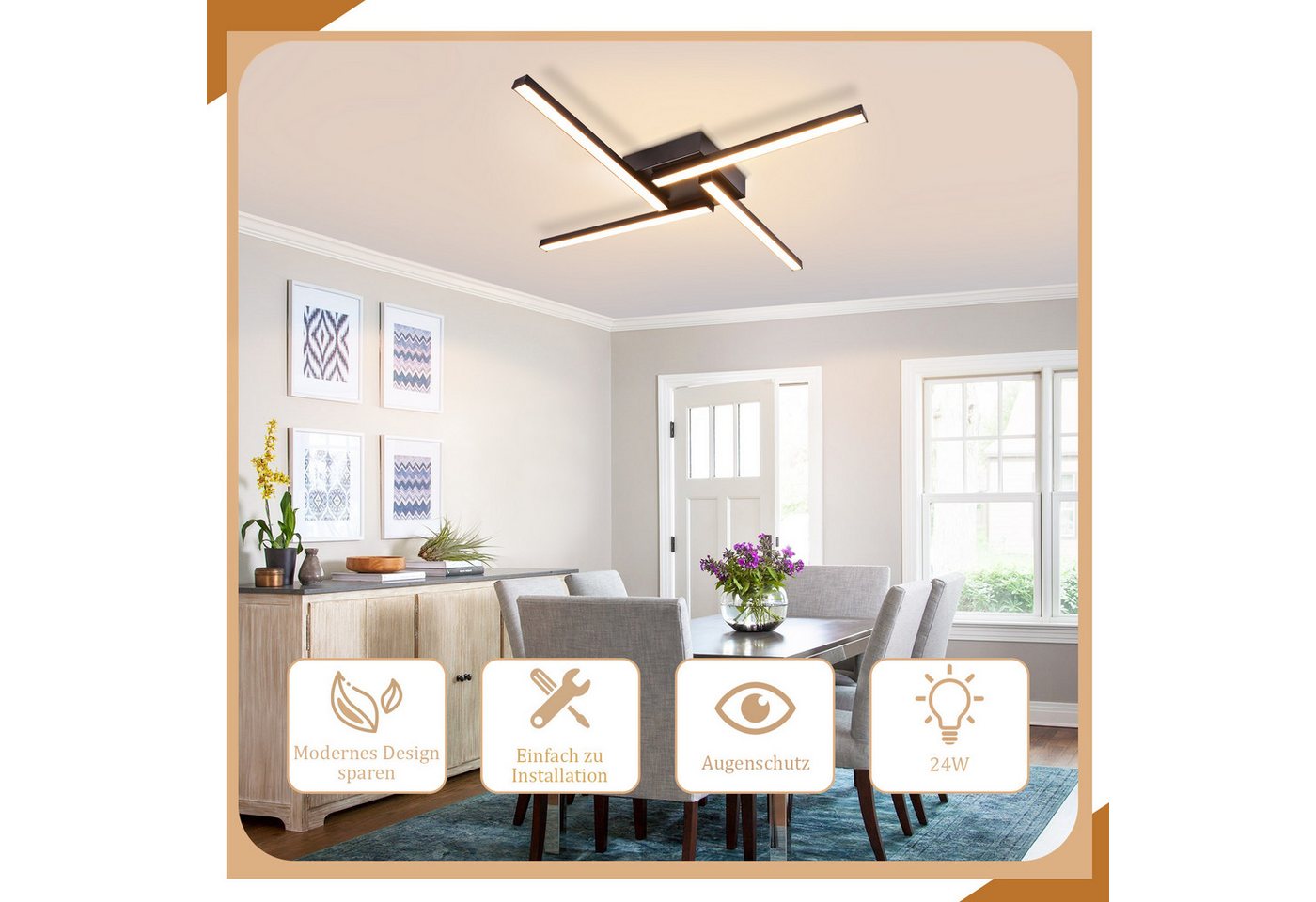 ZMH LED Deckenleuchte 4-flammig mit PC-Lichtschirm, 24 W bei 3000 K, nicht dimmbar, LED fest integriert, Warmweiß, Deckenlampe für Wohnzimmer, Schlafzimmer, Küc – Bild 4 von 5
