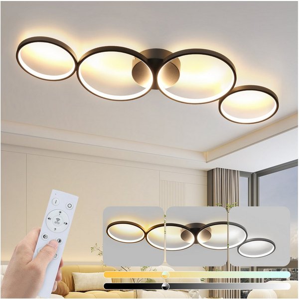 ZMH LED Deckenleuchte 4-Ring-Design, dimmbare Wohnzimmerlampe mit Fernbedienung, 3000–6500 K, Memory-Funktion, LED fest integriert, Warmweiß, Neutralweiß und Ka