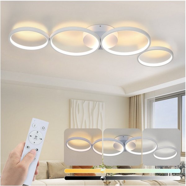ZMH LED Deckenleuchte 4-Ring-Design, dimmbare Wohnzimmerlampe mit Fernbedienung, 3000–6500 K, Memory-Funktion, LED fest integriert, Warmweiß, Neutralweiß und Ka