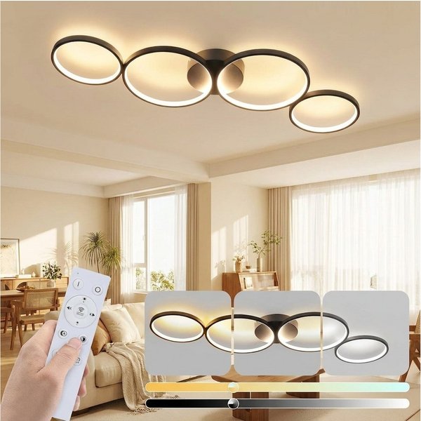 ZMH LED Deckenleuchte 4-Ring-Design, dimmbare Wohnzimmerlampe mit Fernbedienung, 3000–6500 K, Memory-Funktion, LED fest integriert, Warmweiß, Neutralweiß und Ka