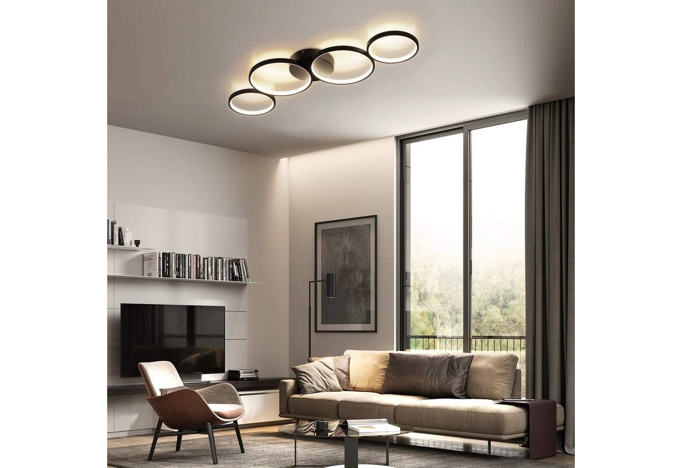 ZMH LED Deckenleuchte 4-Ring-Design, dimmbare Wohnzimmerlampe mit Fernbedienung, 3000–6500 K, Memory-Funktion, LED fest integriert, Warmweiß, Neutralweiß und Ka – Bild 2 von 5