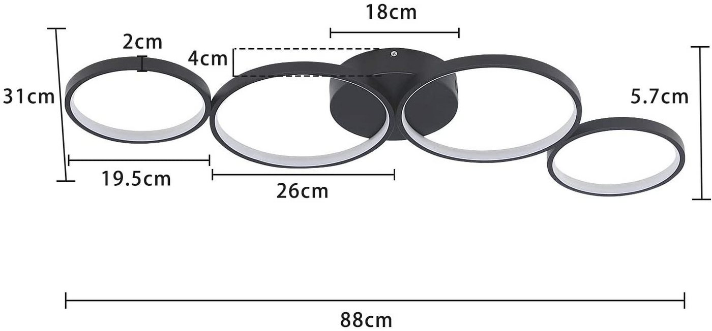 ZMH LED Deckenleuchte 4-Ring-Design, dimmbare Wohnzimmerlampe mit Fernbedienung, 3000–6500 K, Memory-Funktion, LED fest integriert, Warmweiß, Neutralweiß und Ka – Bild 5 von 5
