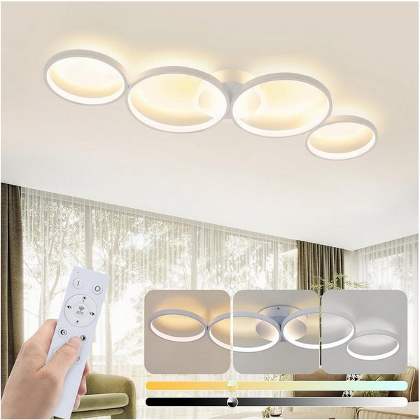 ZMH LED Deckenleuchte 4-Ring-Design, dimmbare Wohnzimmerlampe mit Fernbedienung, 3000–6500 K, Memory-Funktion, LED fest integriert, Warmweiß, Neutralweiß und Ka