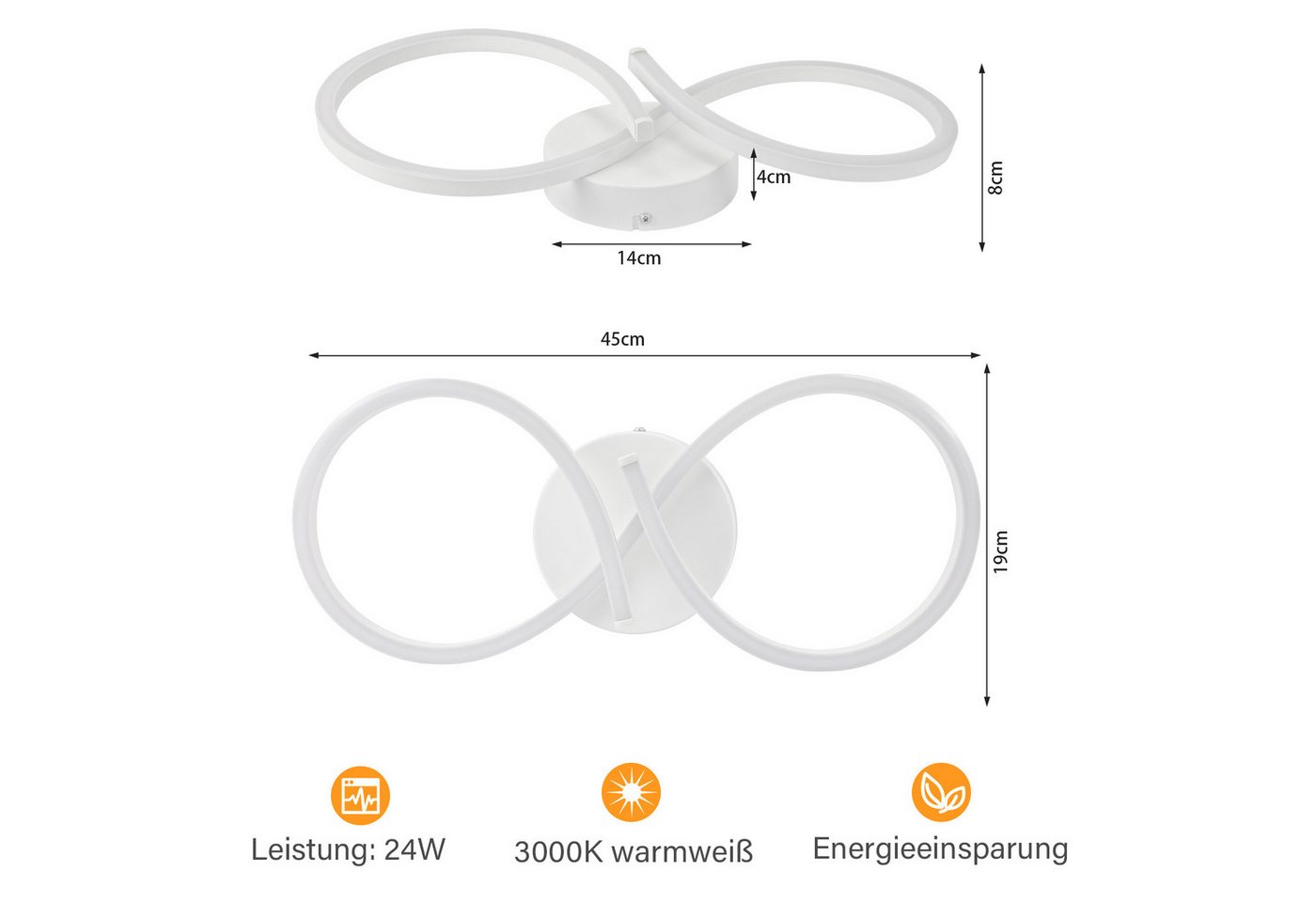 ZMH LED Deckenleuchte Innen 8-förmiges Design, 3000 K, LED fest integriert, Warmweiß, für Wohnzimmer Schlafzimmer Küche Flur – Bild 3 von 5