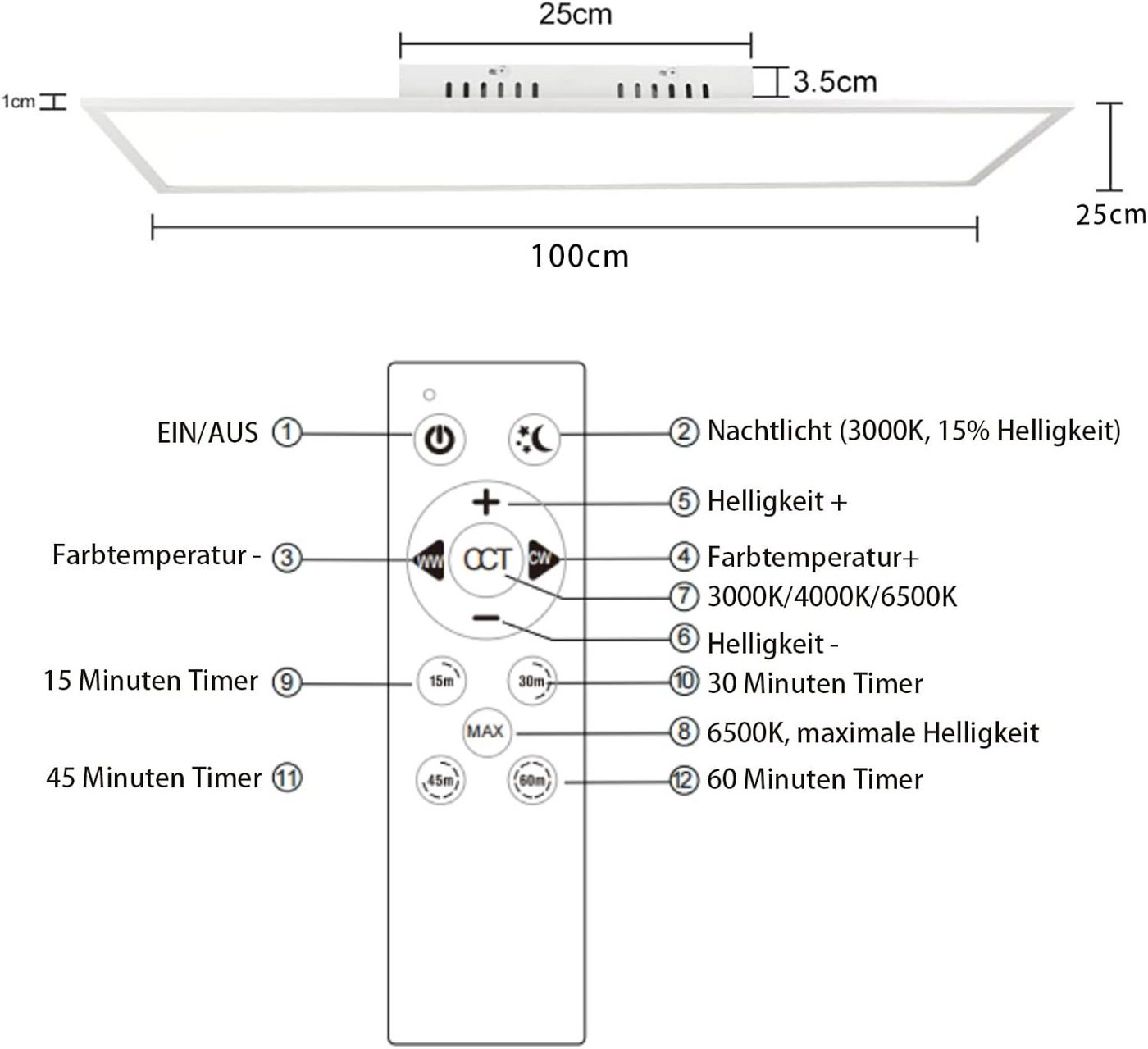 ZMH LED Deckenleuchte LED 3000-6500K dimmbar 100/120cm Schwarz/Weiß Deckenlampe, LED fest integriert, warmweiß, neutralweiß, kaltweiß, 24W Rechteckig 2900LM Tim – Bild 3 von 5