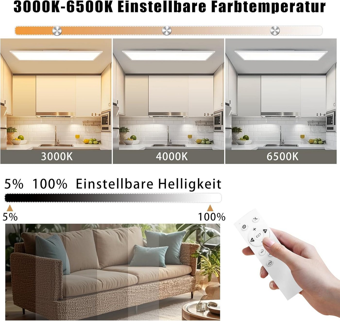 ZMH LED Deckenleuchte LED 3000-6500K dimmbar 100/120cm Schwarz/Weiß Deckenlampe, LED fest integriert, warmweiß, neutralweiß, kaltweiß, 24W Rechteckig 2900LM Tim – Bild 4 von 5