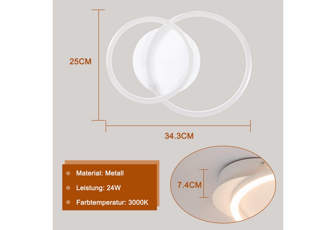 ZMH LED Deckenleuchte mit zwei Ringen – helle Deckenlampe mit 3200 Lumen bei 24 W, LED fest integriert, Warmweiß, für Wohnzimmer Schlafzimmer Küche Flur – Bild 2 von 5