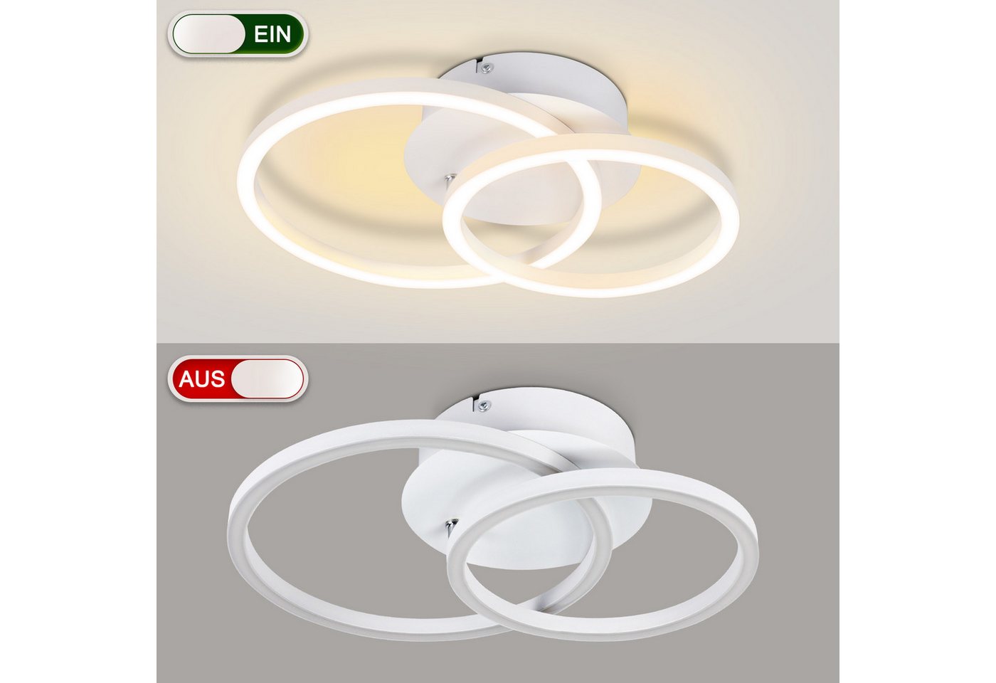 ZMH LED Deckenleuchte mit zwei Ringen – helle Deckenlampe mit 3200 Lumen bei 24 W, LED fest integriert, Warmweiß, für Wohnzimmer Schlafzimmer Küche Flur – Bild 3 von 5
