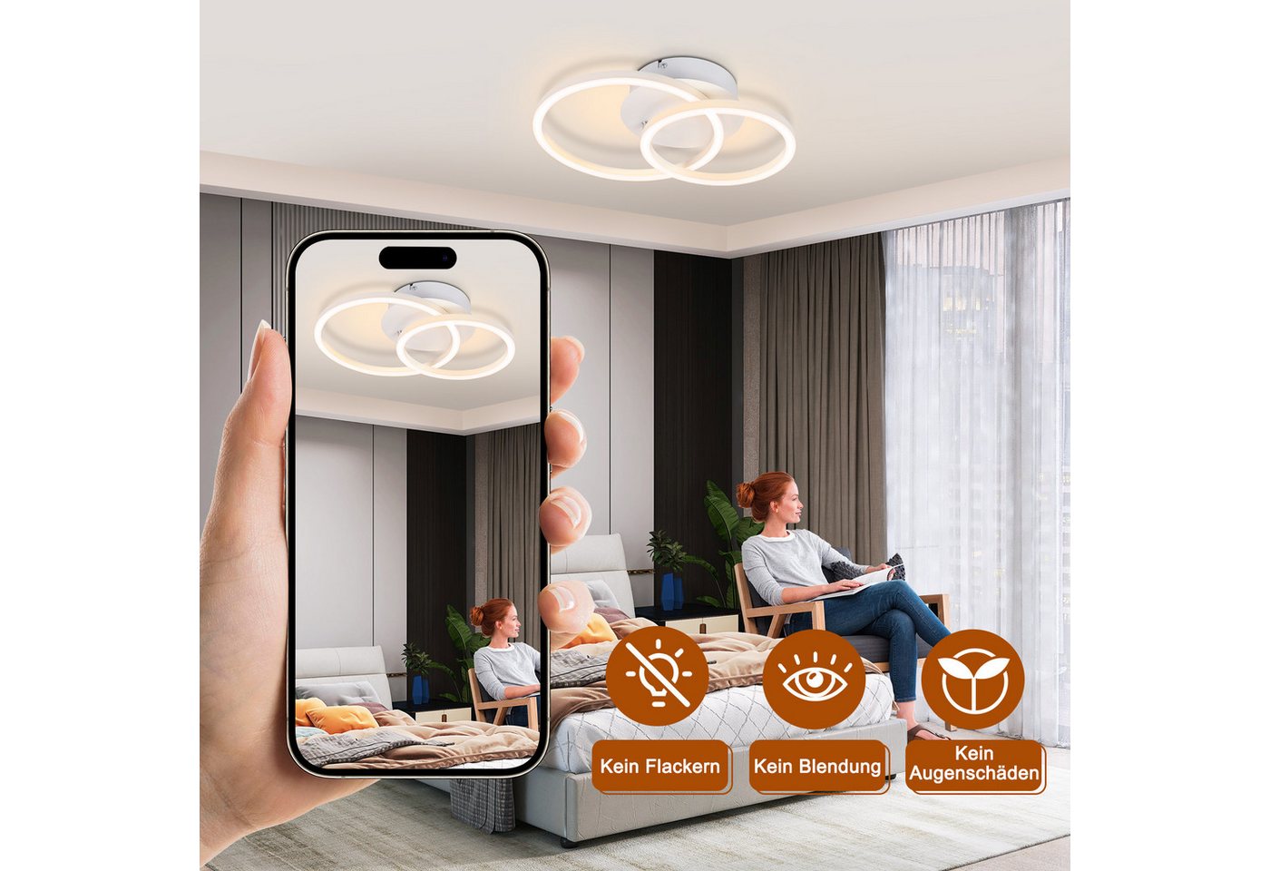 ZMH LED Deckenleuchte mit zwei Ringen – helle Deckenlampe mit 3200 Lumen bei 24 W, LED fest integriert, Warmweiß, für Wohnzimmer Schlafzimmer Küche Flur – Bild 5 von 5