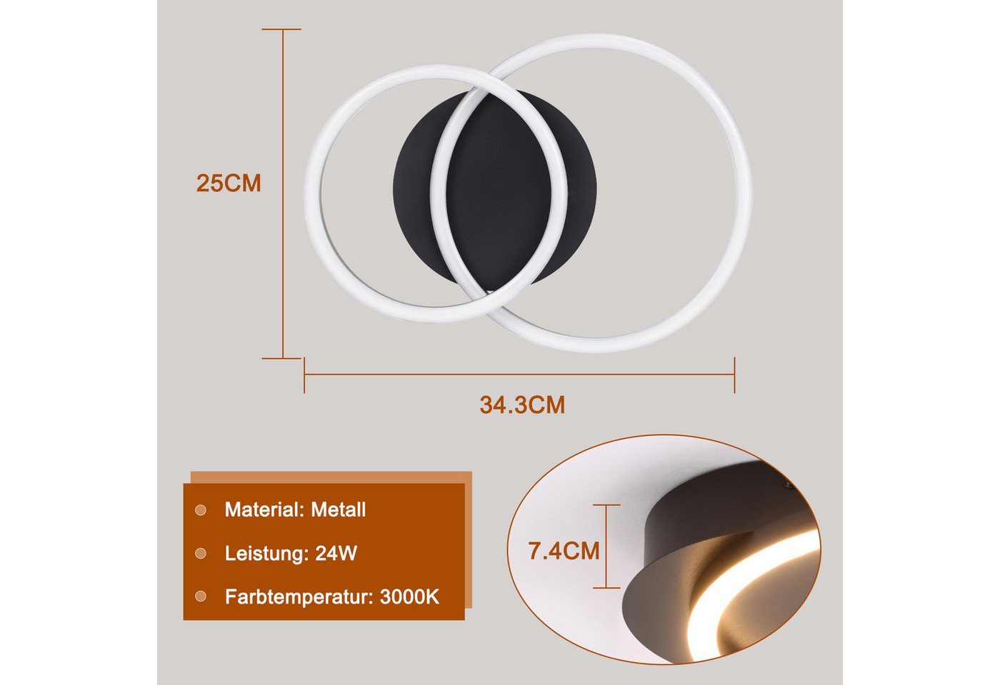 ZMH LED Deckenleuchte mit zwei Ringen – helle Deckenlampe mit 3200 Lumen bei 24 W, LED fest integriert, Warmweiß, für Wohnzimmer Schlafzimmer Küche Flur – Bild 3 von 5