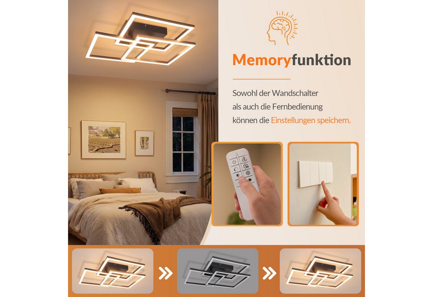 ZMH LED Deckenleuchte Modern Eckig Design LED Deckenlampe Dimmbar mit Fernbedienung, Memory, LED fest integriert, Warmweiß-Neutralweiß-Kaltweiß, Stufenloses Dim – Bild 2 von 5