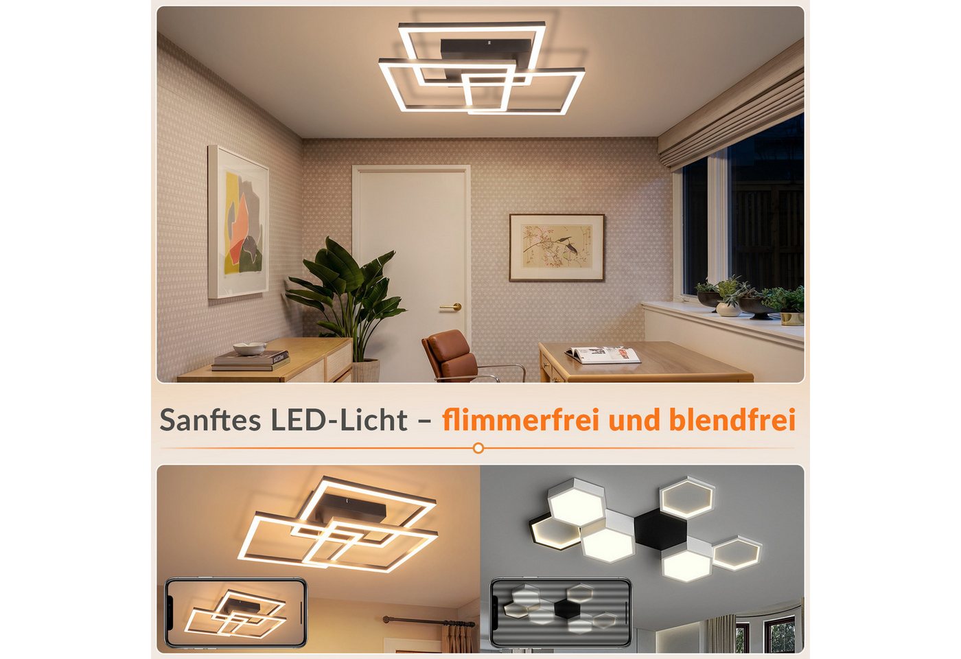 ZMH LED Deckenleuchte Modern Eckig Design LED Deckenlampe Dimmbar mit Fernbedienung, Memory, LED fest integriert, Warmweiß-Neutralweiß-Kaltweiß, Stufenloses Dim – Bild 3 von 5