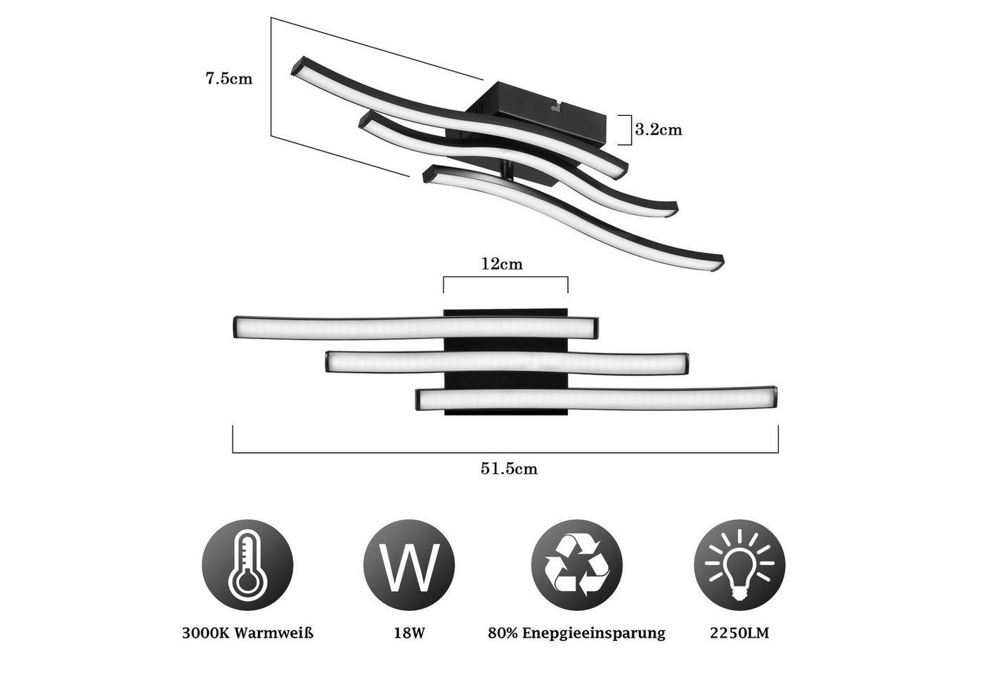 ZMH LED Deckenleuchte Schwarz 18W, moderne Deckenlampe 51,5 cm, 3000K Warmweiß, LED fest integriert, Warmweiß, 3-flammiges Wellendesign,für Flur, Küche und Schl – Bild 2 von 5