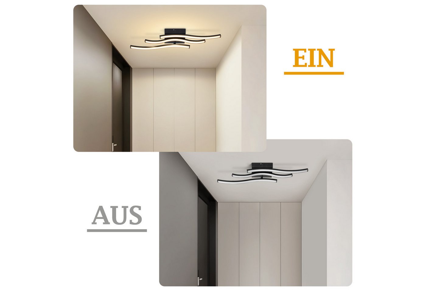 ZMH LED Deckenleuchte Schwarz 18W, moderne Deckenlampe 51,5 cm, 3000K Warmweiß, LED fest integriert, Warmweiß, 3-flammiges Wellendesign,für Flur, Küche und Schl – Bild 3 von 5