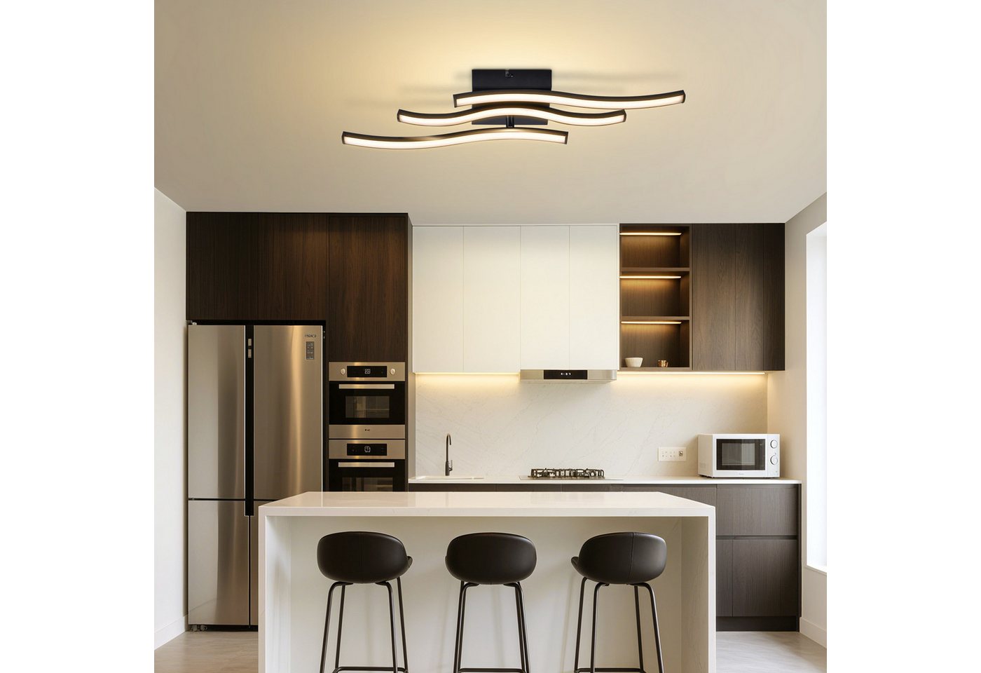ZMH LED Deckenleuchte Schwarz 18W, moderne Deckenlampe 51,5 cm, 3000K Warmweiß, LED fest integriert, Warmweiß, 3-flammiges Wellendesign,für Flur, Küche und Schl – Bild 4 von 5