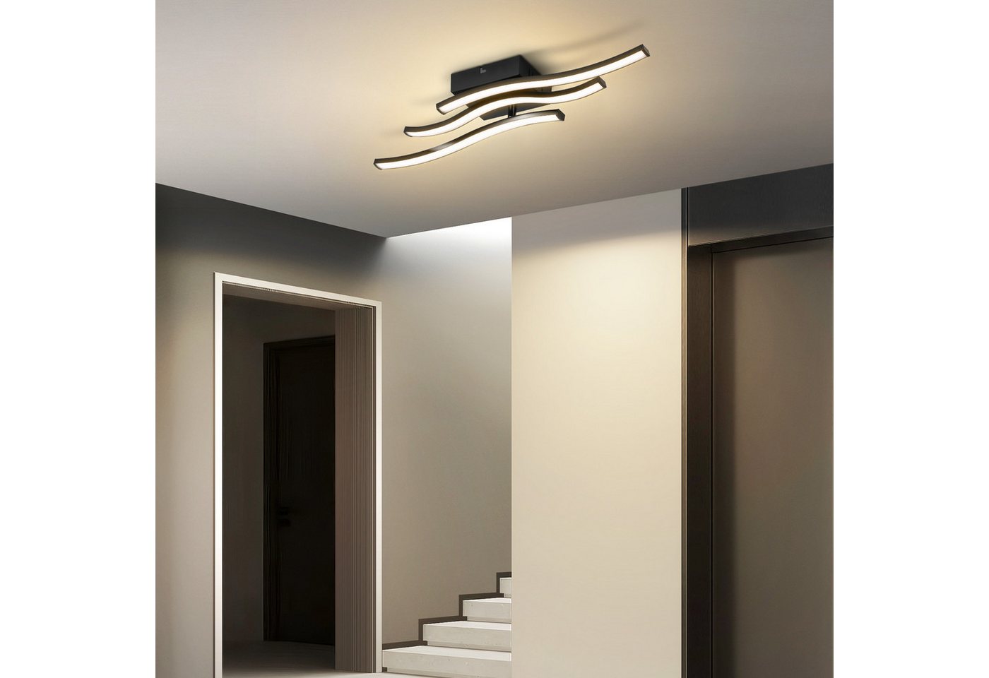 ZMH LED Deckenleuchte Schwarz 18W, moderne Deckenlampe 51,5 cm, 3000K Warmweiß, LED fest integriert, Warmweiß, 3-flammiges Wellendesign,für Flur, Küche und Schl – Bild 5 von 5