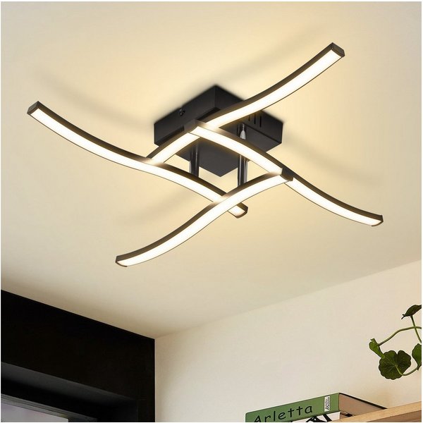 ZMH LED Deckenleuchte Schwarz 24W, moderne Deckenlampe 50,5 cm im 4-flammigen Wellendesign, LED fest integriert, Warmweiß, nicht dimmbar, für Schlafzimmer, Küch