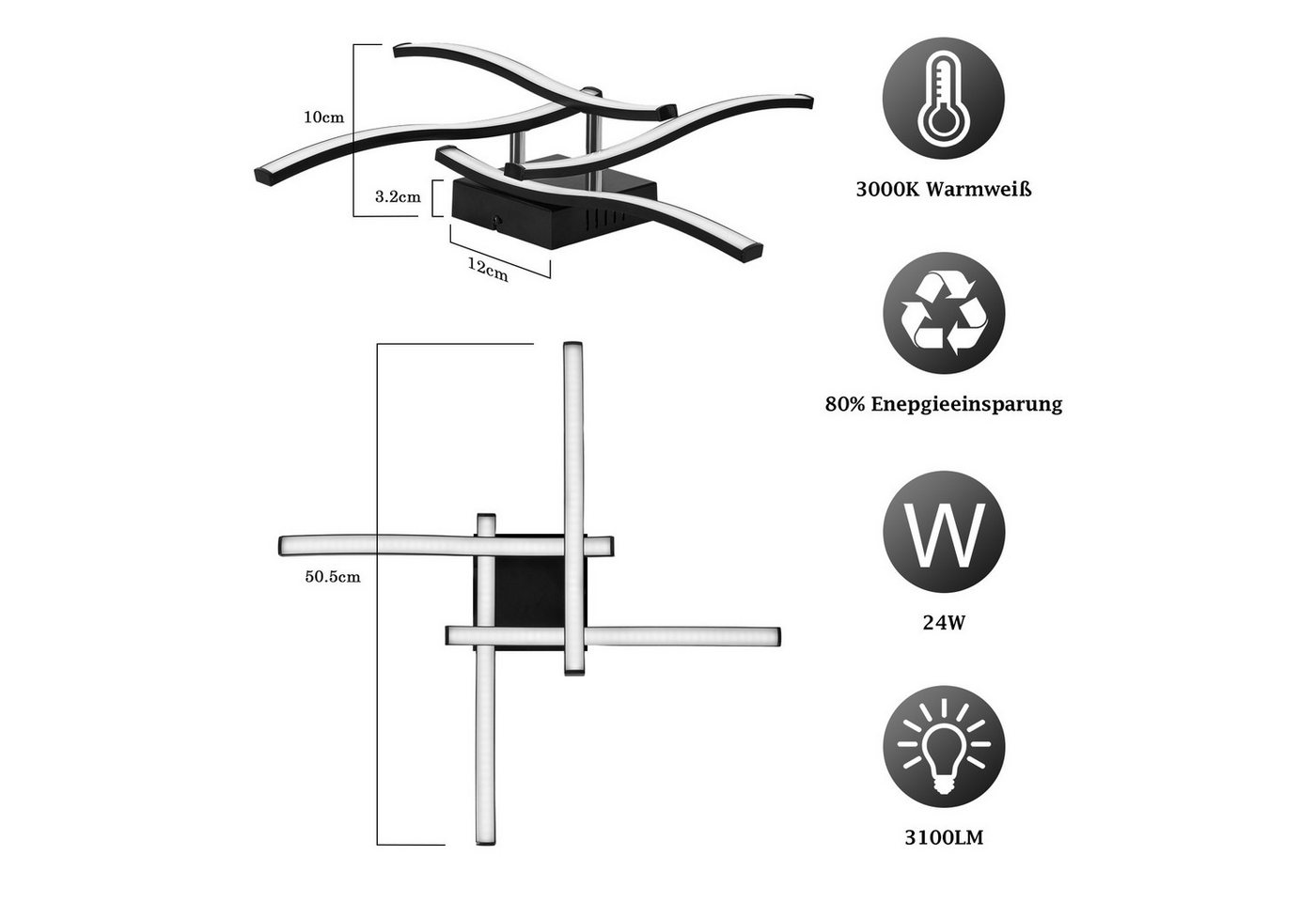 ZMH LED Deckenleuchte Schwarz 24W, moderne Deckenlampe 50,5 cm im 4-flammigen Wellendesign, LED fest integriert, Warmweiß, nicht dimmbar, für Schlafzimmer, Küch – Bild 2 von 5