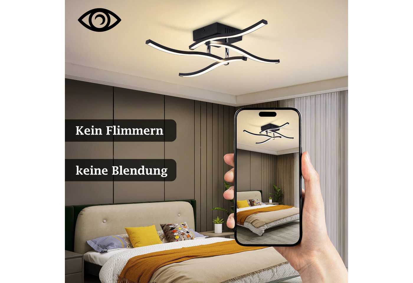 ZMH LED Deckenleuchte Schwarz 24W, moderne Deckenlampe 50,5 cm im 4-flammigen Wellendesign, LED fest integriert, Warmweiß, nicht dimmbar, für Schlafzimmer, Küch – Bild 4 von 5