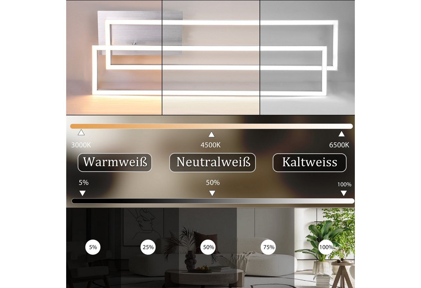 ZMH LED Deckenleuchte Schwarz/Silber, 36 W, dimmbar, 3000-6500 K, CCT, LED fest integriert, rechteckige Deckenlampe mit Fernbedienung für Wohnzimmer – Bild 3 von 5