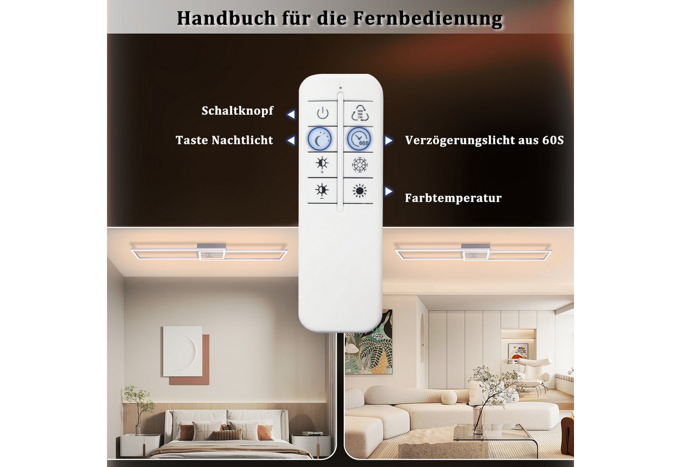 ZMH LED Deckenleuchte Schwarz/Silber, 36 W, dimmbar, 3000-6500 K, CCT, LED fest integriert, rechteckige Deckenlampe mit Fernbedienung für Wohnzimmer – Bild 5 von 5