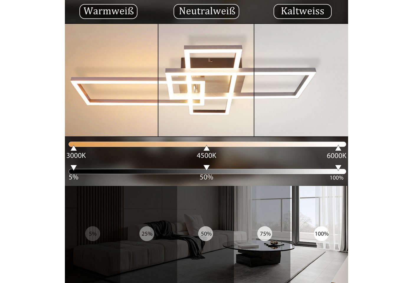 ZMH LED Deckenleuchte Schwarz/Silber, 36 W, dimmbar, 3000-6500 K, CCT, LED fest integriert, rechteckige Deckenlampe mit Fernbedienung für Wohnzimmer – Bild 3 von 5