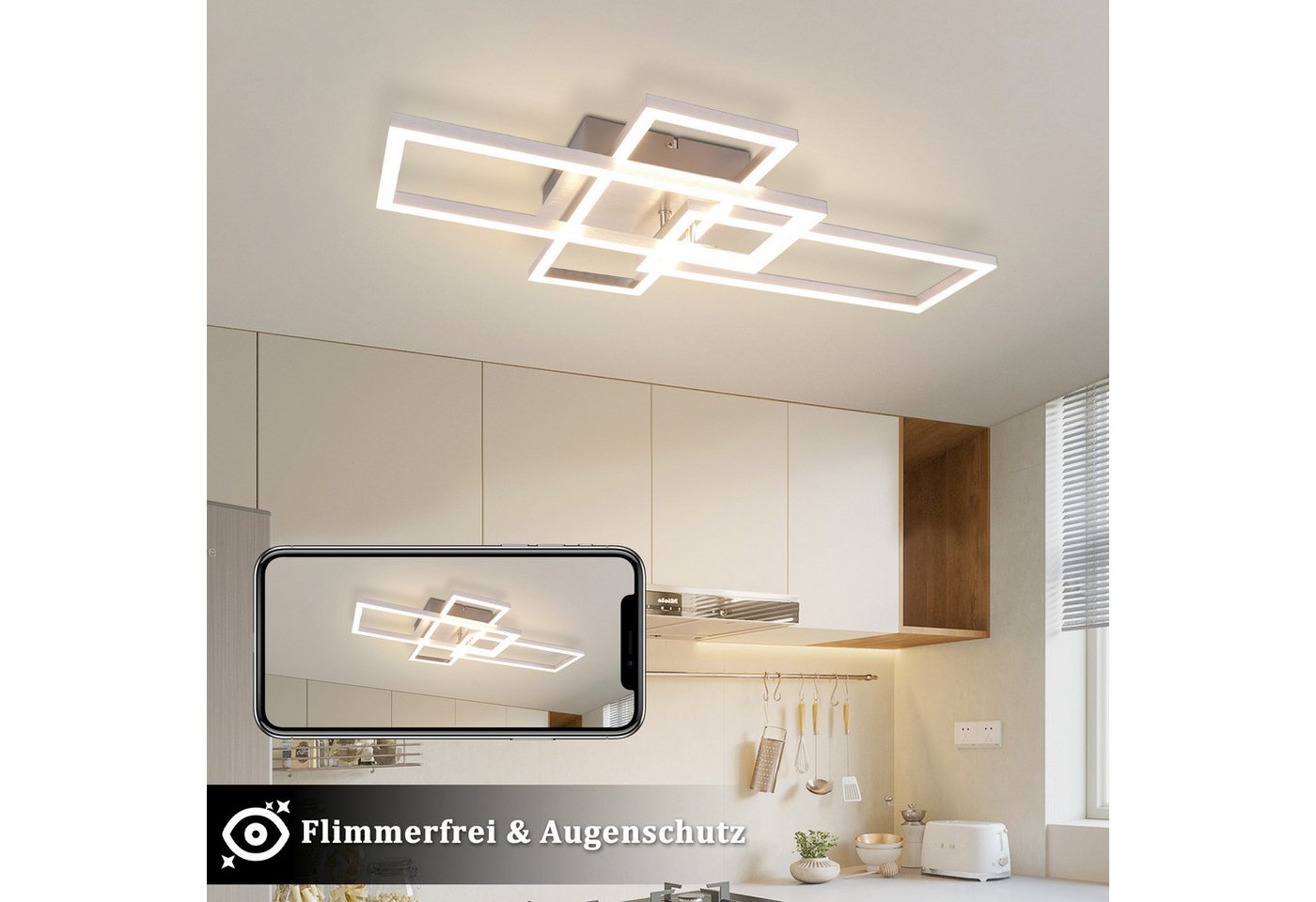 ZMH LED Deckenleuchte Schwarz/Silber, 36 W, dimmbar, 3000-6500 K, CCT, LED fest integriert, rechteckige Deckenlampe mit Fernbedienung für Wohnzimmer – Bild 4 von 5