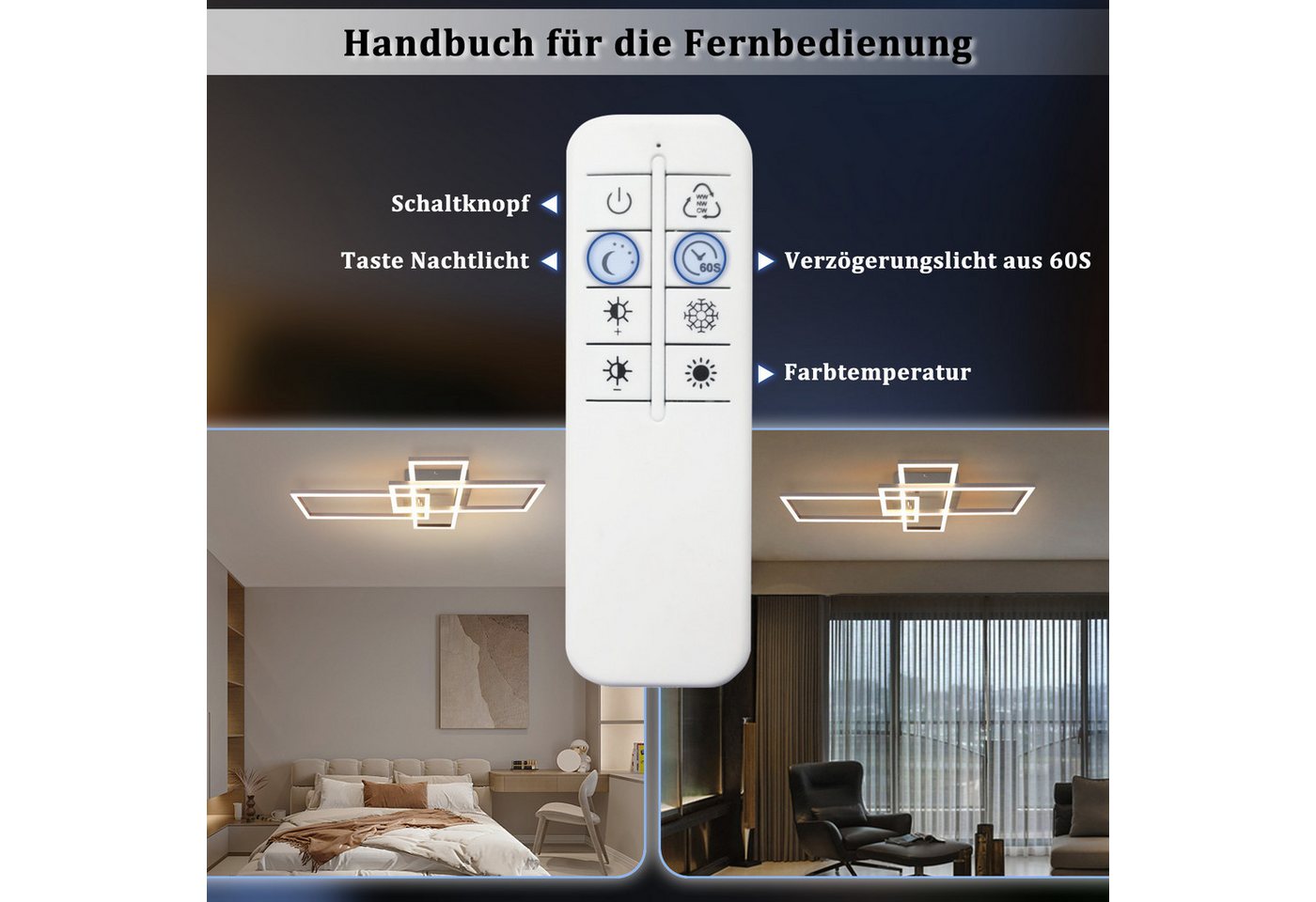 ZMH LED Deckenleuchte Schwarz/Silber, 36 W, dimmbar, 3000-6500 K, CCT, LED fest integriert, rechteckige Deckenlampe mit Fernbedienung für Wohnzimmer – Bild 5 von 5