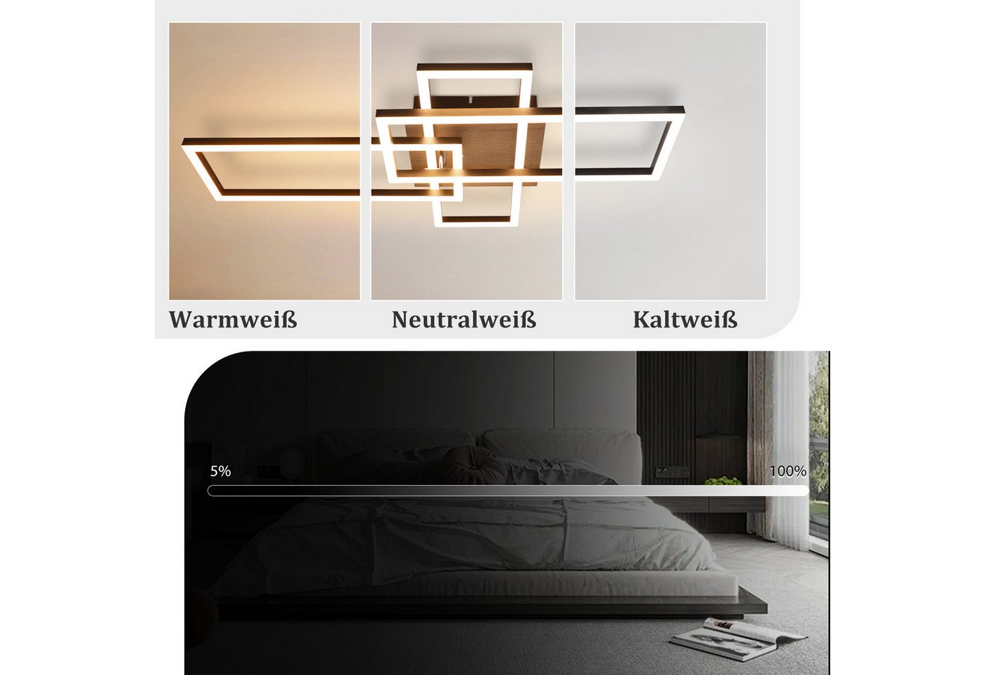 ZMH LED Deckenleuchte Schwarz/Silber, 36 W, dimmbar, 3000-6500 K, CCT, LED fest integriert, rechteckige Deckenlampe mit Fernbedienung für Wohnzimmer – Bild 2 von 5