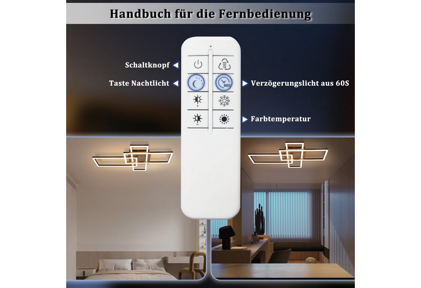 ZMH LED Deckenleuchte Schwarz/Silber, 36 W, dimmbar, 3000-6500 K, CCT, LED fest integriert, rechteckige Deckenlampe mit Fernbedienung für Wohnzimmer – Bild 5 von 5