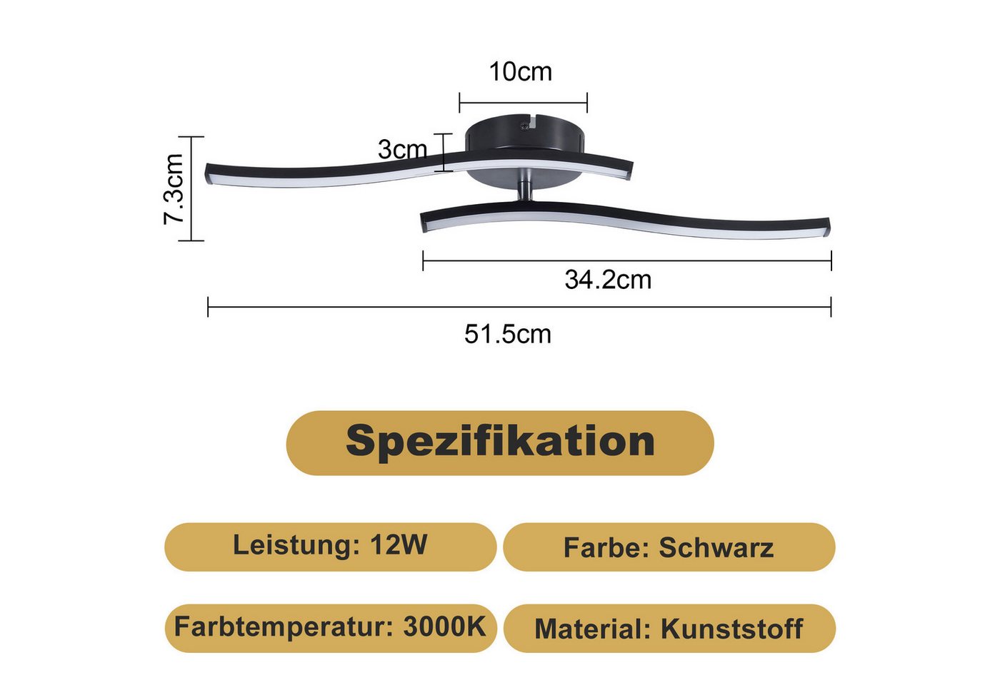 ZMH LED Deckenleuchte Schwarz Wellen Design Modern Deckenlampe 3000K Flur Küche, LED fest integriert, Warmweiß, 12W Küchenlampe Innen Schlafzimmerlampe – Bild 3 von 5