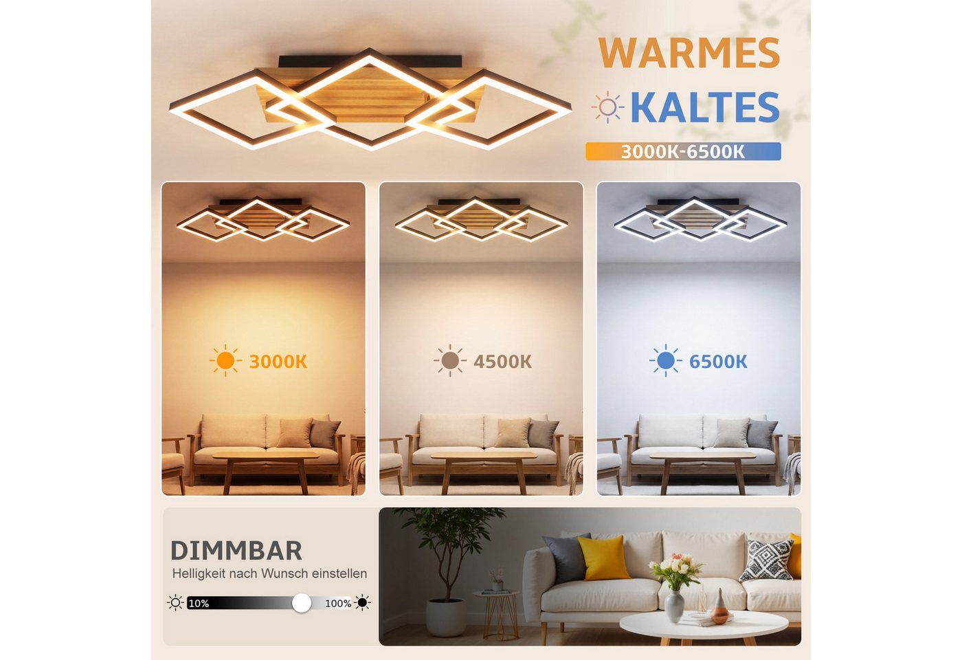 ZMH LED Deckenleuchte Schwarzes Holz, 31W, dimmbar per Fernbedienung, drehbar, LED fest integriert, 10%-100% dimmbar, Memory-Funktion, für Wohnzimmer & Schlafzi – Bild 2 von 5