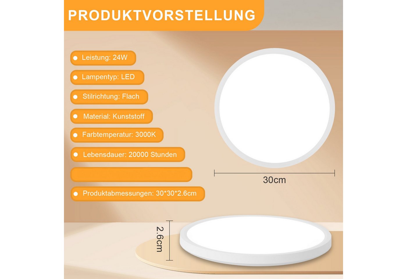 ZMH LED Deckenleuchte Wohnzimmer Ø22/30CM Modern Schwarz/Weiß Rund Deckenlampe Flur, LED fest integriert, Warmweiß, 24W Schlafzimmerlampe 3000K – Bild 2 von 5