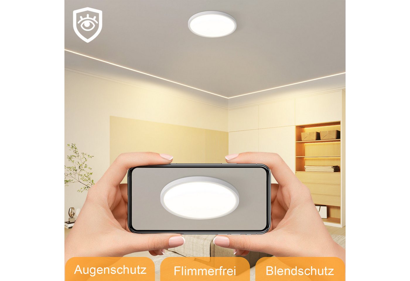 ZMH LED Deckenleuchte Wohnzimmer Ø22/30CM Modern Schwarz/Weiß Rund Deckenlampe Flur, LED fest integriert, Warmweiß, 24W Schlafzimmerlampe 3000K – Bild 3 von 5