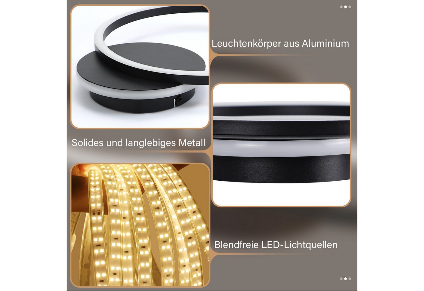 ZMH LED Deckenleuchte Wohnzimmer - 24W 2-Ringen Deckenlampe 3000K Flur Metall Küchenlampe, LED fest integriert, Warmweiß, Schwarz Modern Design Schlafzimmerlamp – Bild 4 von 5