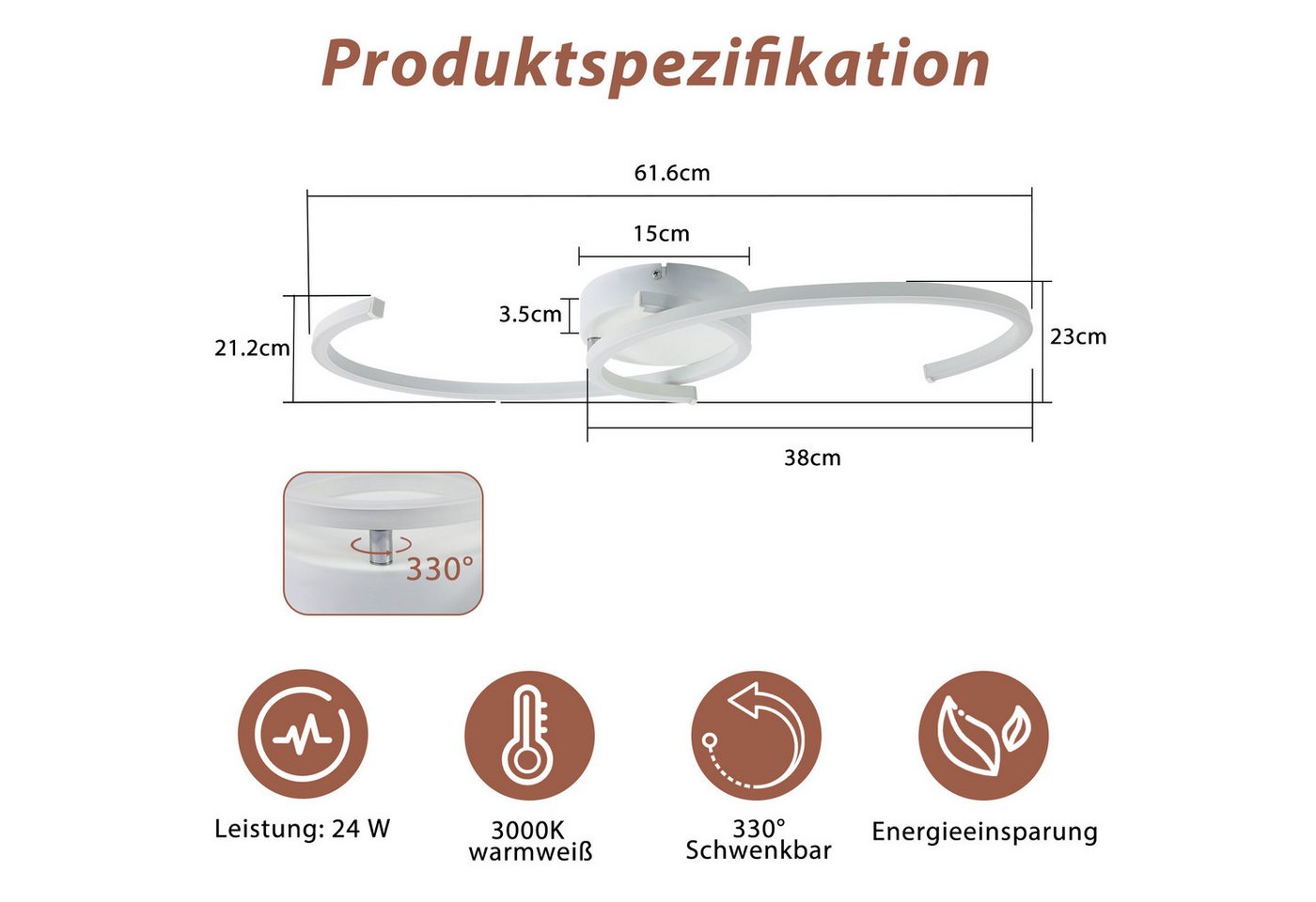 ZMH LED Deckenleuchte Wohnzimmer 24W Deckenlampe Modern 3000K für Flur Küche, LED fest integriert, Warmweiß, Küchenlampe 330° Drehbarer Weiß Esszimmer – Bild 2 von 5