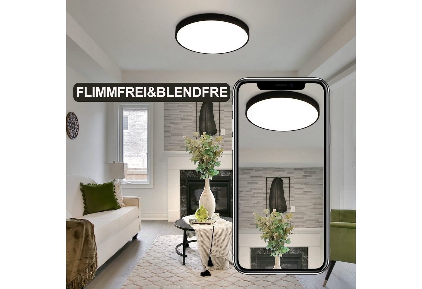 ZMH LED Deckenleuchte Wohnzimmer Ø28CM Modern Deckenlampe 17W Rund Neutralweiß Flur, LED fest integriert, 4000K, Schwarz 1360LM Küchenlampe Schlafzimmer – Bild 5 von 5
