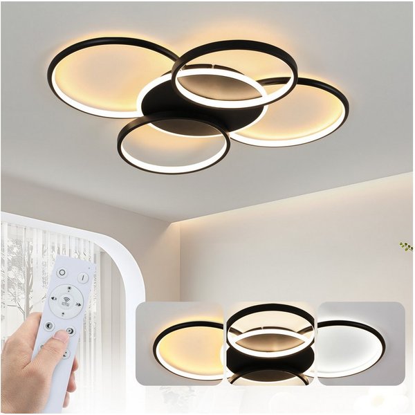 ZMH LED Deckenleuchte Wohnzimmer Dimmbar 5-Ringen 70W Deckenlampe für Büro Esszimmer, LED fest integriert, 3000-6500K, Schwarz Modern Acryl Schlafzimmerlampe mi