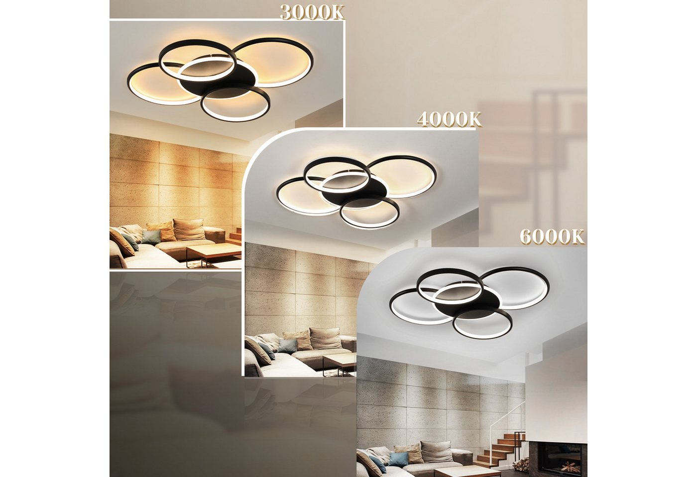 ZMH LED Deckenleuchte Wohnzimmer Dimmbar 5-Ringen 70W Deckenlampe für Büro Esszimmer, LED fest integriert, 3000-6500K, Schwarz Modern Acryl Schlafzimmerlampe mi – Bild 2 von 5