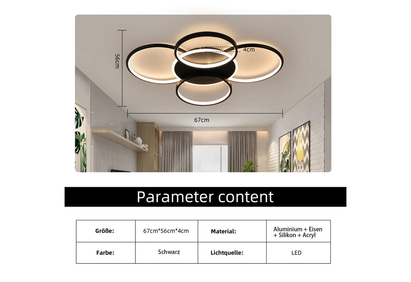 ZMH LED Deckenleuchte Wohnzimmer Dimmbar 5-Ringen 70W Deckenlampe für Büro Esszimmer, LED fest integriert, 3000-6500K, Schwarz Modern Acryl Schlafzimmerlampe mi – Bild 3 von 5