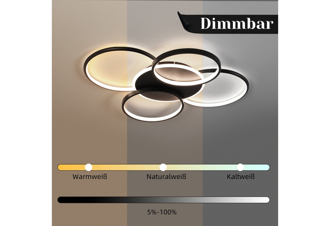 ZMH LED Deckenleuchte Wohnzimmer Dimmbar 5-Ringen 70W Deckenlampe für Büro Esszimmer, LED fest integriert, 3000-6500K, Schwarz Modern Acryl Schlafzimmerlampe mi – Bild 4 von 5