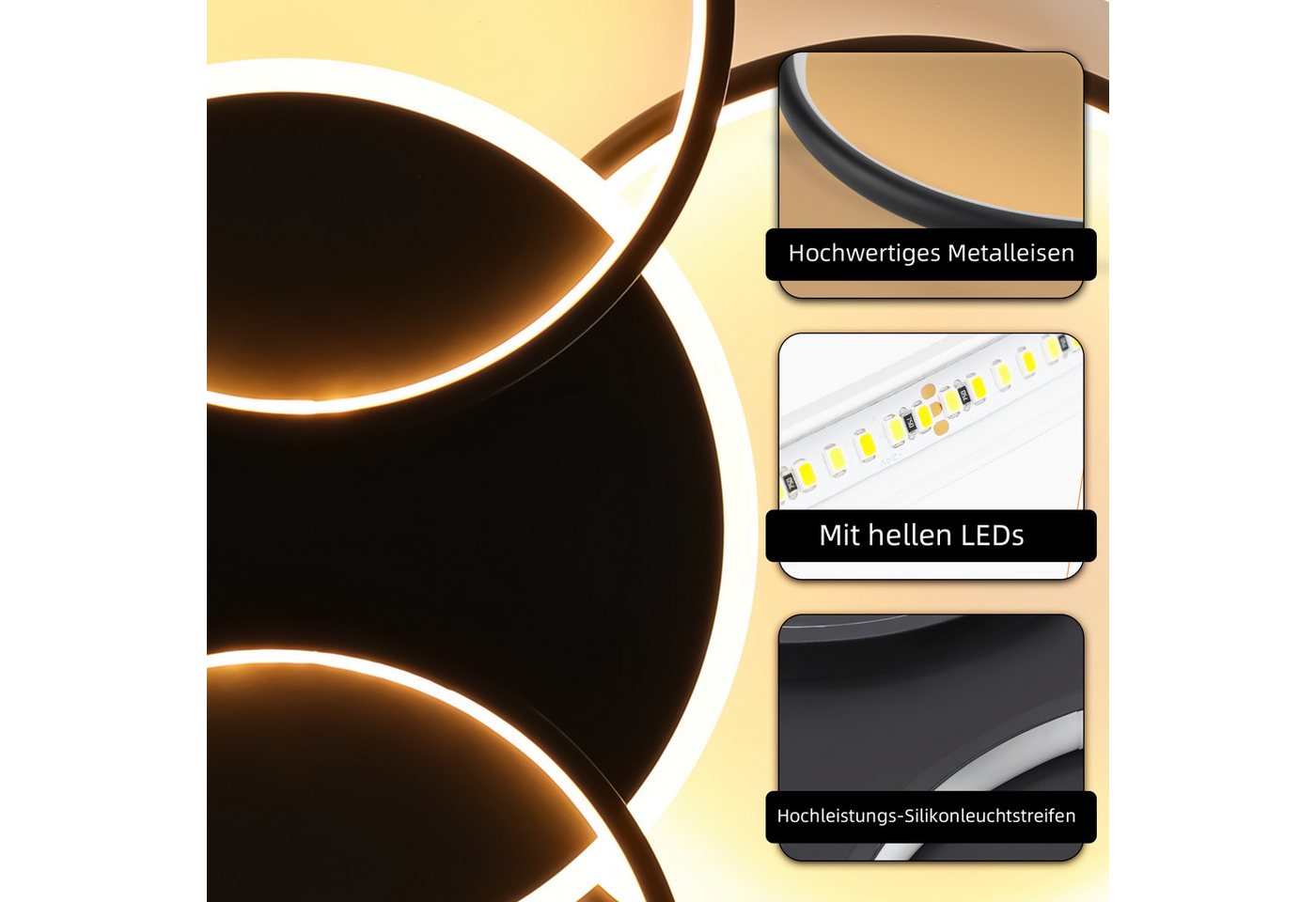 ZMH LED Deckenleuchte Wohnzimmer Dimmbar 5-Ringen 70W Deckenlampe für Büro Esszimmer, LED fest integriert, 3000-6500K, Schwarz Modern Acryl Schlafzimmerlampe mi – Bild 5 von 5